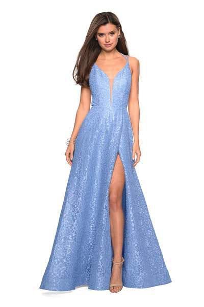 La Femme - 27612 Strappy Plunging V-Neck Gown with Slit In Blue