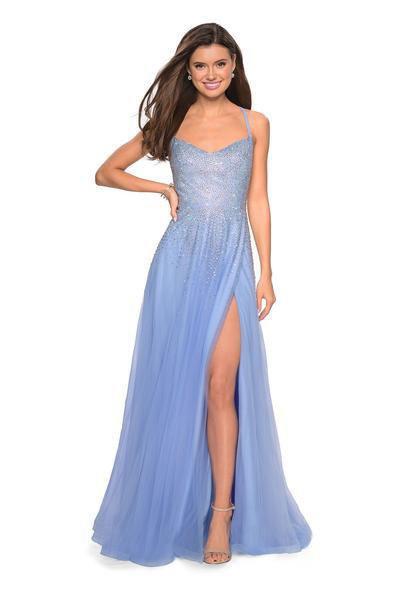 La Femme - 27750 Rhinestone Embellished Tulle A-line Dress In Blue