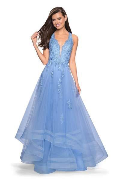 La Femme - 27603 Plunging Halter Lace Ballgown In Blue