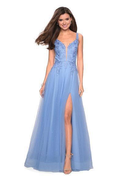La Femme - 27646 Floral Embroidered Plunging V-Neck A-Dress In Blue