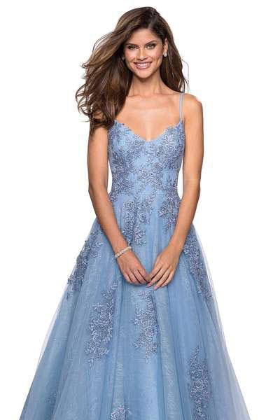 La Femme - 27492 Blossom Appliqued Cascading Lace Gown In Blue