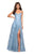 La Femme - 27704 V-Neck Pleated A-Line Gown with Slit In Blue