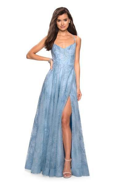 La Femme - 27704 V-Neck Pleated A-Line Gown with Slit In Blue