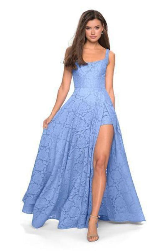 La Femme - 27476 Classy Allover Lace Organza Gown with Romper shorts In Blue