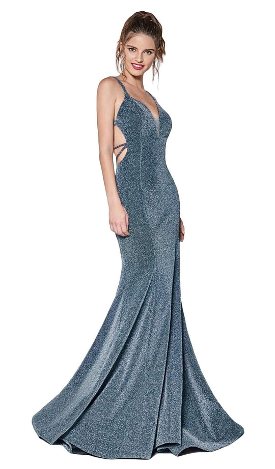 Cinderella Divine - CM301 Deep V-neck Metallic Mermaid Dress In Green