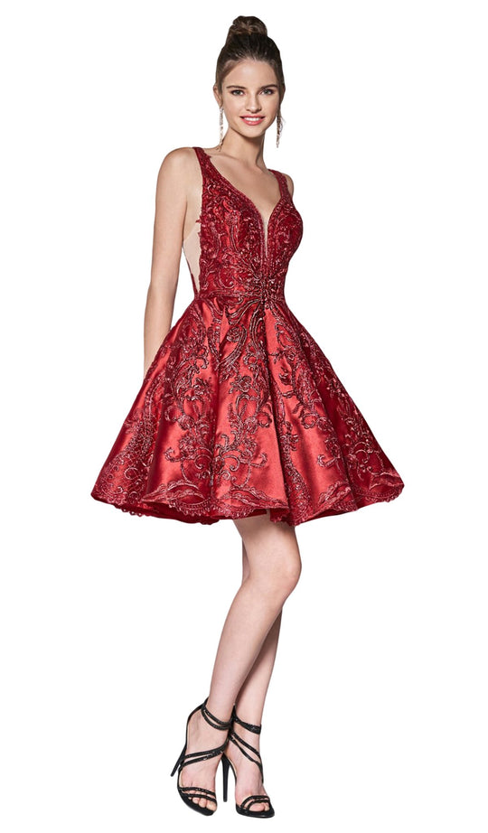 Cinderella Divine - CM302 Embroidered Plunging Sweetheart A-Line Dress In Red
