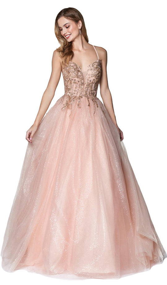Cinderella Divine - CM308 Strappy Beaded A-Line Gown In Pink