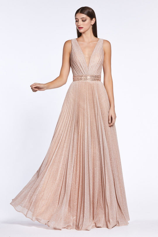 Cinderella Divine - CM9086 Deep V-neck Beaded Pleated A-line Dress In Pink