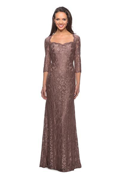La Femme - 26427 Floral Lace Sheer Quarter Sleeve Sheath Gown In Brown