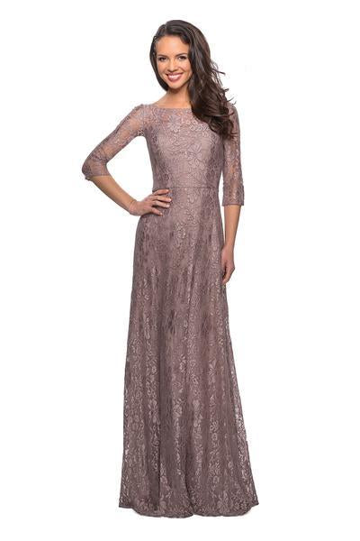 La Femme - 27857 Lace Bateau A-line Dress In Brown
