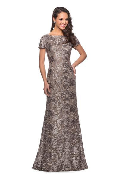 La Femme - 27884 Floral Bateau Evening Dress In Brown