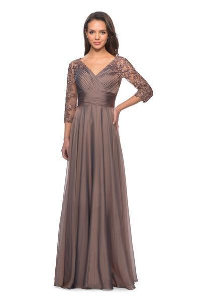 La Femme - 27153 Sheer Lace Quarter Sleeves Empire Waist Chiffon Gown In Neutral and Brown