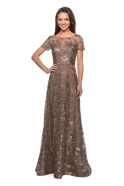 La Femme - 27839 Floral Adorned Illusion Bateau Long Gown In Brown