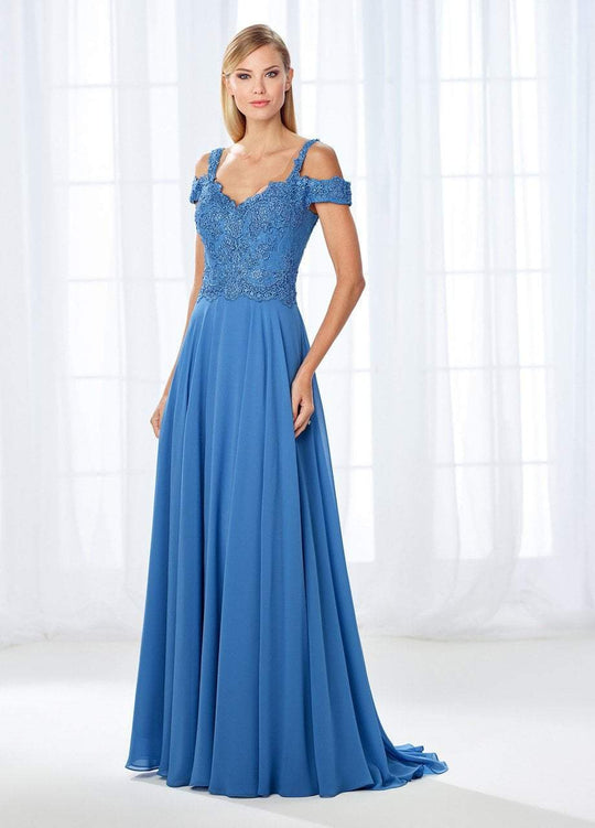 Cameron Blake - 118683 Cold Shoulder Beaded Lace Chiffon Gown In Blue