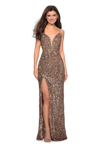 La Femme - 27191 Sequined Plunging Sweetheart High Slit Gown In Brown and Gold
