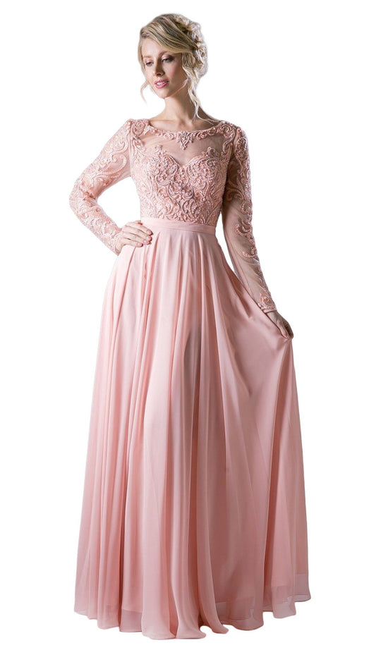 Cinderella Divine - CR780 Long Sleeve Beaded Embroidered Chiffon Dress In Pink
