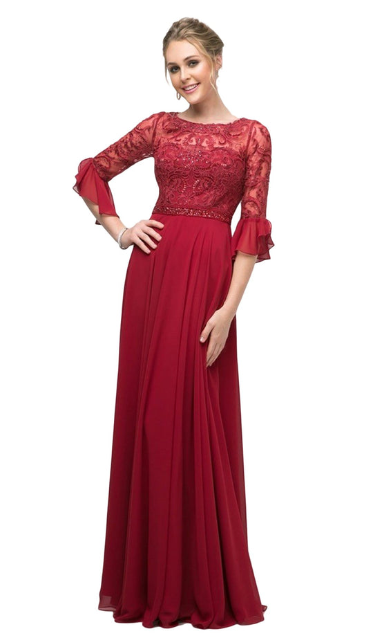 Cinderella Divine - CR781 Quarter Flounce Sleeve Beaded Lace Gown In Red