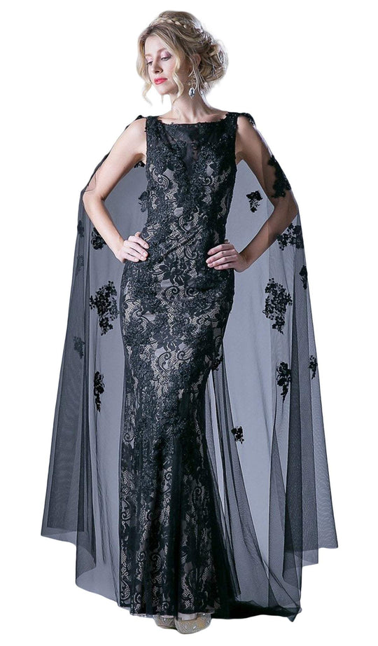 Cinderella Divine - CR788 Lace Bateau Trumpet Dress With Cape In Black