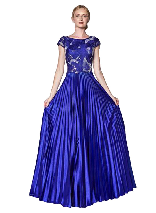 Cinderella Divine - CF337 Lace Bateau Pleated A-line Dress In Blue
