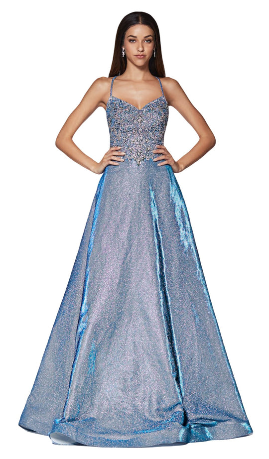 Cinderella Divine - CR831 Beaded V-Neck A-Line Gown In Blue