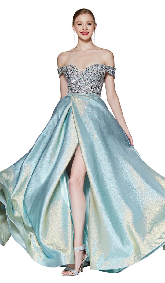 Cinderella Divine - CR833 Beaded Off-Shoulder A-Line Gown In Blue