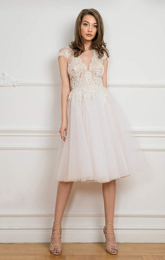 Cristallini - SKA 846 Knee Length Beaded Cap Sleeve Dress In White