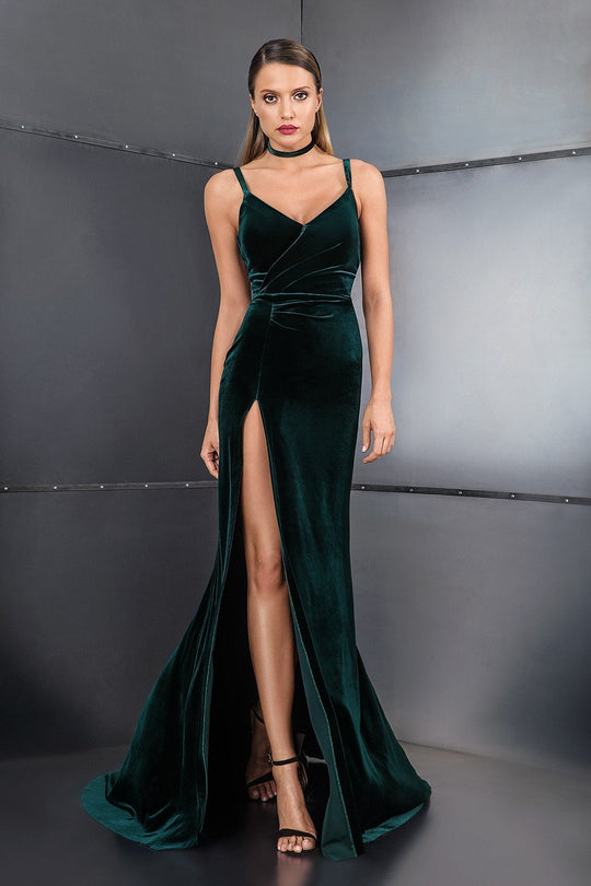 Cristallini - SKA618 Pleated Velvet High Slit Gown In Green