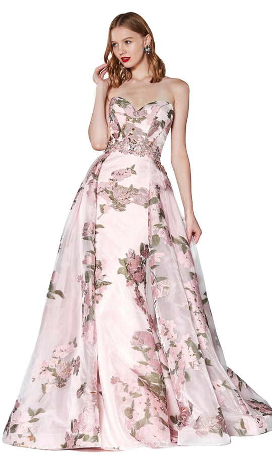 Cinderella Divine - CS027 Floral Strapless Evening Gown In Pink and Green