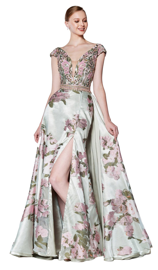 Cinderella Divine - CS028 Beaded Plunging V-Neck Gown with Slit In Green and Pink