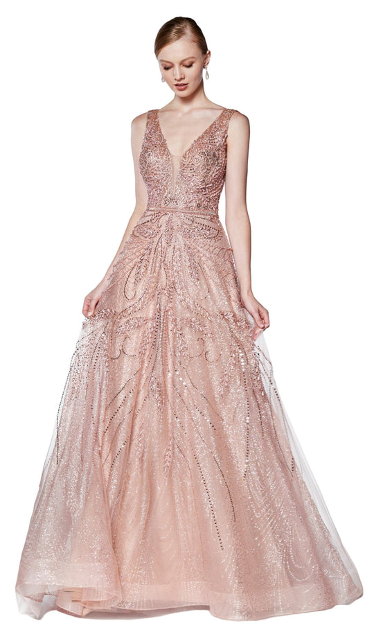 Cinderella Divine - CS029 Sequin Embellished Plunging V-Neck Gown In Pink and Gold