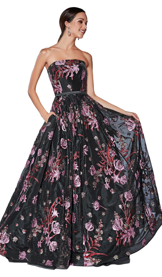 Cinderella Divine - CS031 Strapless Floral Evening Gown In Black and Purple