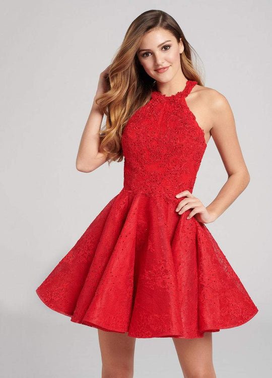 Ellie Wilde - EW21809S Lace Halter Neck A-line Cocktail Dress in Red