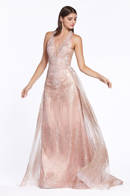 Cinderella Divine - CW767 Lace Deep V-neck A-line Gown With Open Back In Pink