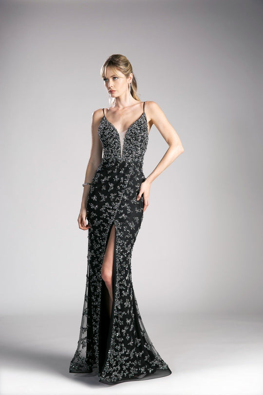 Cinderella Divine - CZ0012 Embellished Deep V-neck Trumpet Dress In Black