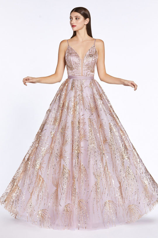 Cinderella Divine - CZ0016 Glitter Print Deep V-neck Ballgown In Pink