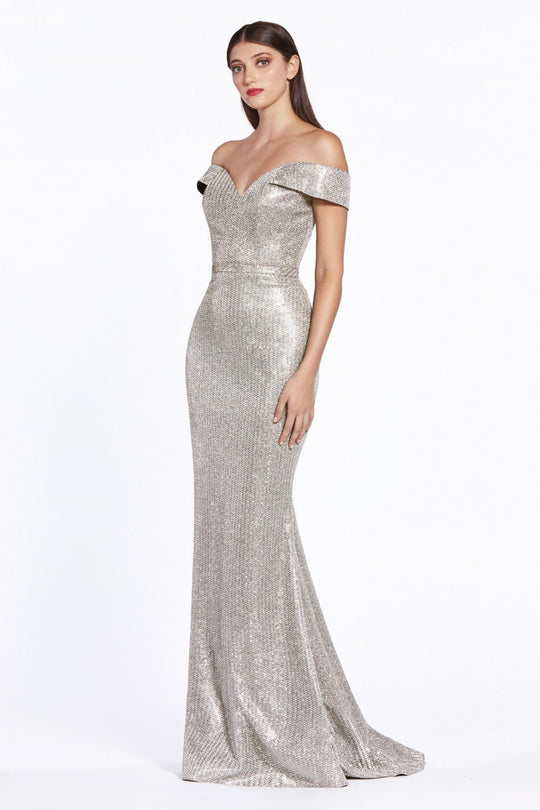 Cinderella Divine - CZ0018 Plunging Off-Shoulder Trumpet Dress In Silver