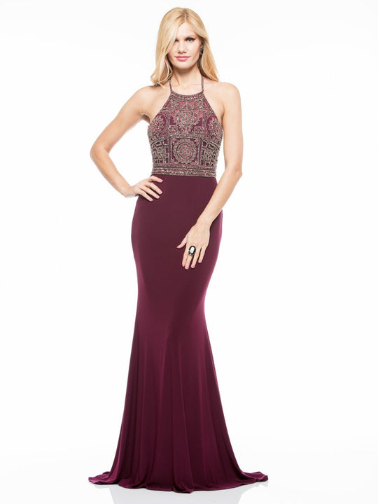Colors Dress - 1908 Intricate Metallic High Halter Mermaid Gown in Red