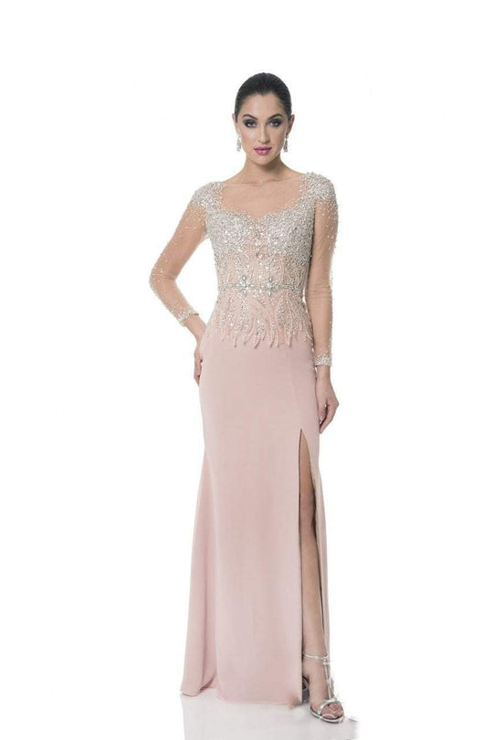 Terani Couture - 1611M0757 Sheer Crystal Beaded Evening Gown in Pink