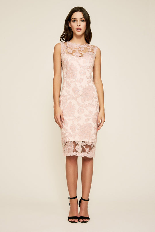 Tadashi Shoji - Peony Motif Embroidered Sheath Dress In Pink and Silver