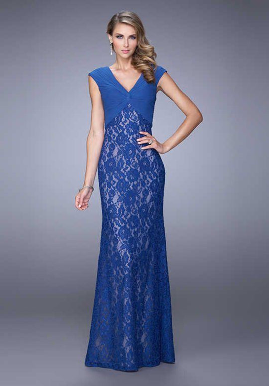 La Femme - 21681 Ruched V Neck Lace Cap Sleeves Sheath Long Gown In Blue