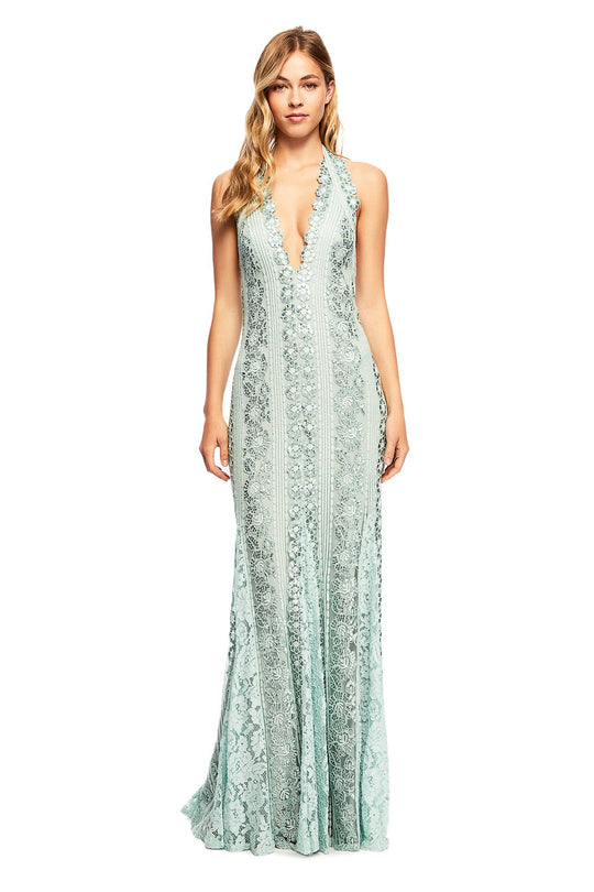 Tadashi Shoji - Sequined Plunging Halter Dress In Blue