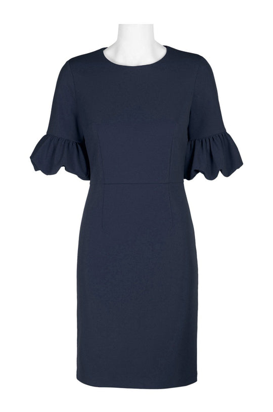 Donna Morgan - D5663MXD Jewel Neck Solid Crepe Sheath Dress In Blue