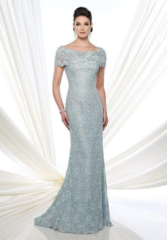Mon Cheri - 215D03 Bateau Scalloped Lace Applique Evening Gown in Blue