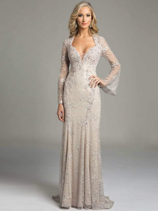 Lara Dresses - Embellished Queen Anne Lace Evening Gown with Bell Sleeves 33238, Pink