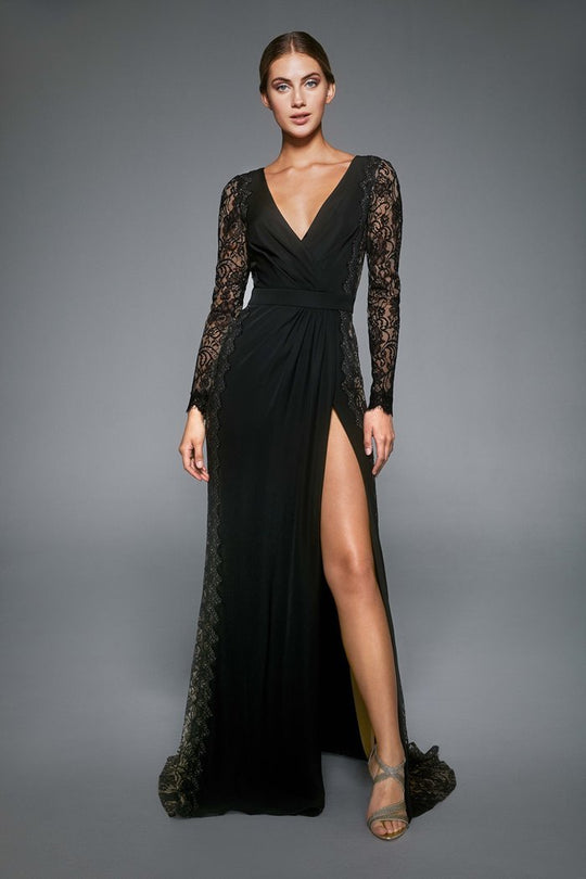 Tadashi Shoji - Long Sleeve Lace Overlaid High Slit Gown In Black and Neutral