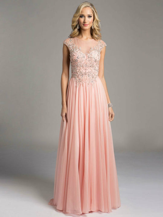 Lara Dresses - Intricately Embellished Illusion A-Line Evening Gown with Cap Sleeves and Pearl Buttons 33219 in Pink