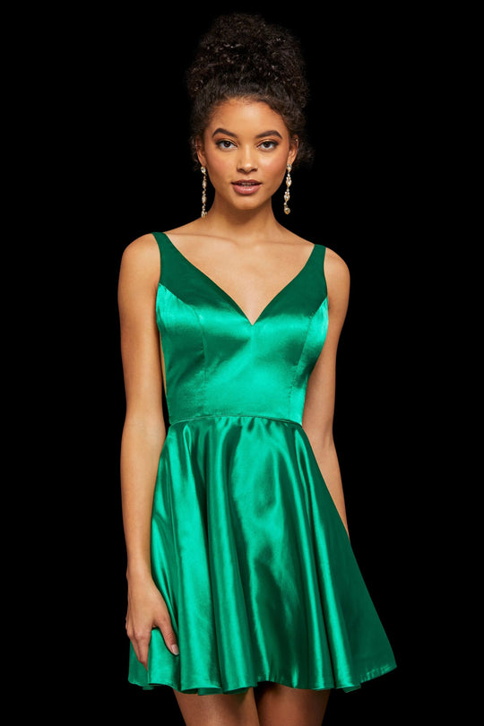 Sherri Hill - 53081 Sleeveless V-Neck Scoop Back A-Line Short Dress In Green