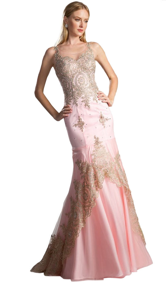 Sleeveless Gilt Lace Appliqued Mermaid Gown