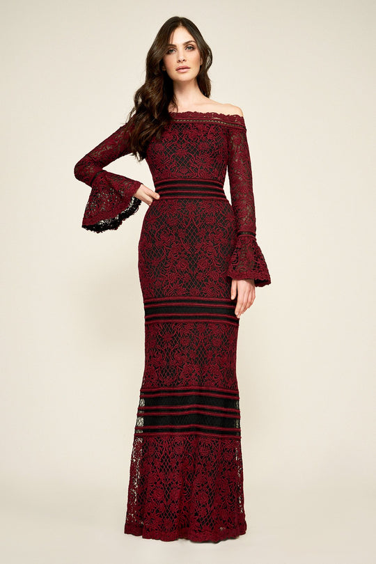 Tadashi Shoji - Lace Long Bell Sleeve Off-Shoulder Sheath Dress In Red and Black