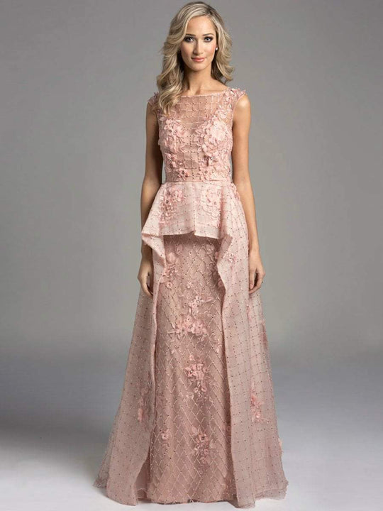 Lara Dresses - Bateau Illusion Mesh A-Line Evening Gown with Floral Appliques and Rhinestone Details 33225 in Pink